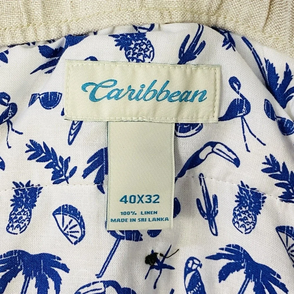 Caribbean Men's Linen‎ Cargo Pants Size 36x30 Tan Elastic Waist Neutral Coastal